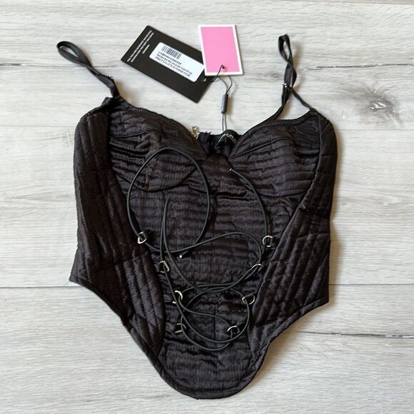PrettyLittleThing Petite Black Bust Detail Lace Up Satin Corset Sz 00 NWT IN PKG - Picture 7 of 9